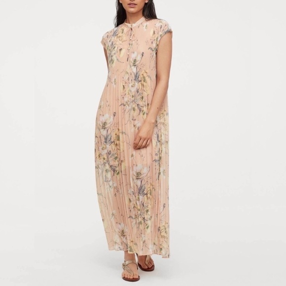 H&M Pink Floral Long Dress pleated crinkled size 6 - Picture 2 of 13